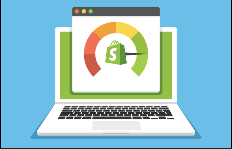 Illustration of a laptop screen with a Shopify logo and a speedometer indicating high performance